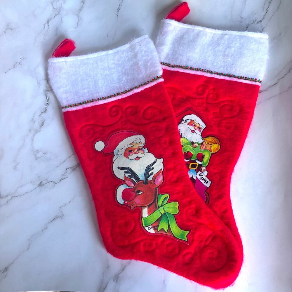 Vintage 1982 Rennoc Christmas Stockings Set of 2 Santa Rudolph Felt 19"